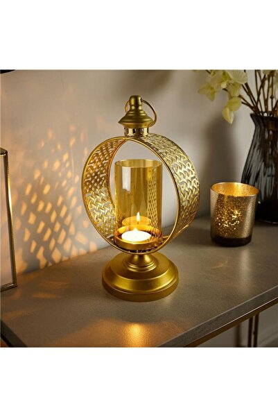 Danube Home حامل شموع معدني مقطوع من إمبريشنز مع زجاج كهرماني - حامل ذهبي أني...