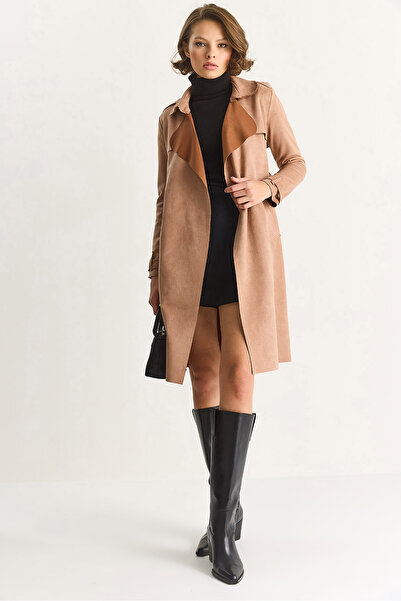 Bianco Lucci Women's Double Breasted Collar Draped Belted Suede Trench Coat 24-182 60283554