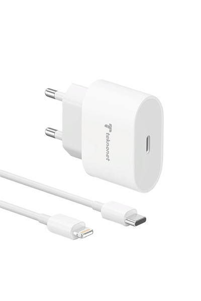 Teknonet İphone uyumlu 20W PD 3000 mAh Lightning Kablo + Şarj Aleti (Beyaz)