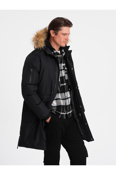 OMBRE Pánská zimní bunda Alaskan s odnímatelnou kožešinou z kapuce - černá V2 OM-JALJ-0148