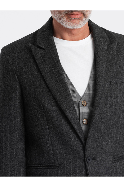 OMBRE Stylové pánské žakárové sako s jemnými pruhy - grafitové V1 OM-BLZB-0113 XXL