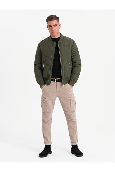 OMBRE Men's quilted bomber jacket with metal zippers - dark olive green V3 OM-JALP-0143