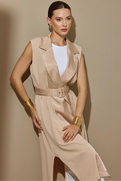 Tığ Triko Kumaş Garnili Kemerli Uzun Triko Yelek BEJ