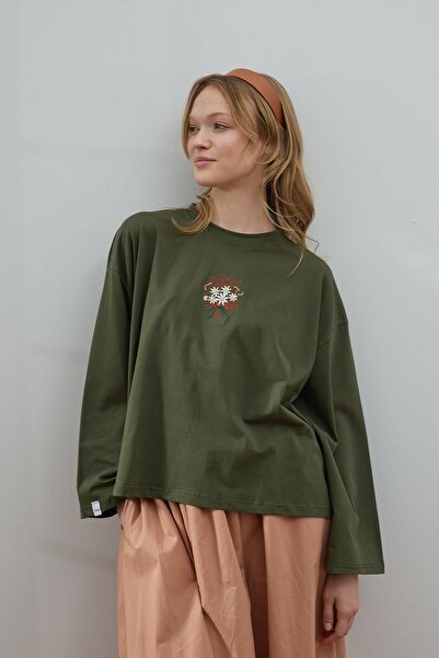 Ceylan Otantik Χακί Κεντημένο Μπλουζάκι