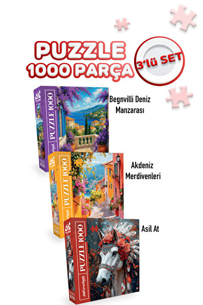 Neverland 3 ADET 1000 PARÇA PUZZLE - BEGONVİLLİ DENİZ MANZARASI VE AKDENİZ ME...