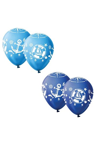 SHOPIENS Set of 10 Shopiens® summer party balloons, blue and sky with anchor pattern, 30 cm