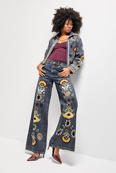 its basic Blugi pentru femei, culoare T.Kot 4w5-8, model Palazzo, broderie specială cu flori, lungime interioară 83 cm, design denim.