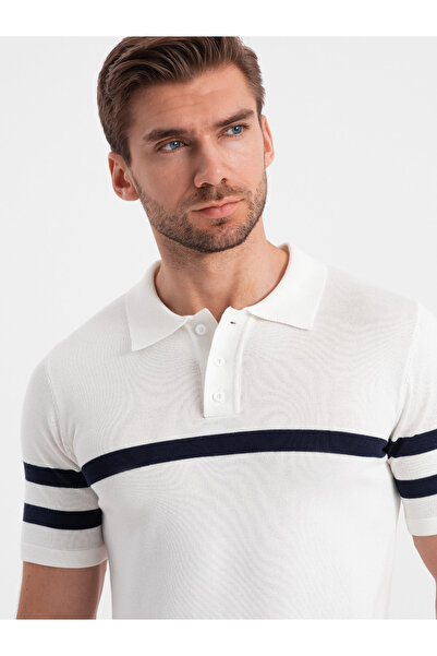 OMBRE Ανδρικό πόλο μπλουζάκι από απαλή πλέξη με ρίγες σε αντίθεση - λευκό V1 OM-POSS-0118 XXL