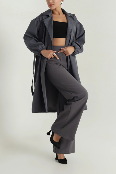 VıoShıne Kadın Kruveza Yaka Belden Bağlamalı Balon Kol Trençkot