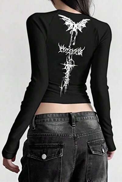 Karakedi Gothic Dragon Back Printed Black Long Sleeve Bodysuit
