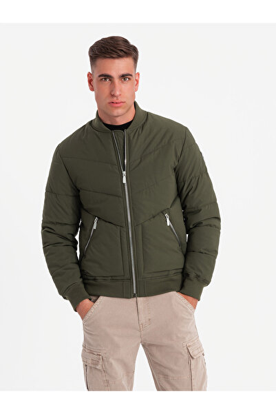 OMBRE Men's quilted bomber jacket with metal zippers - dark olive green V3 OM-JALP-0143