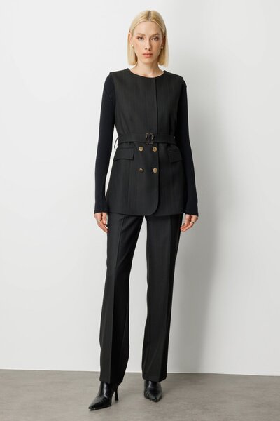 Ekol Striped Waist Belted Vest