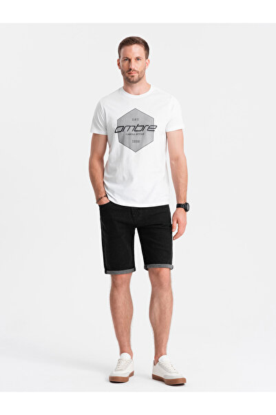 OMBRE Ανδρικό βαμβακερό μπλουζάκι με γεωμετρικό τύπωμα και λογότυπο - λευκό V1 OM-TSPT-0141 XXL