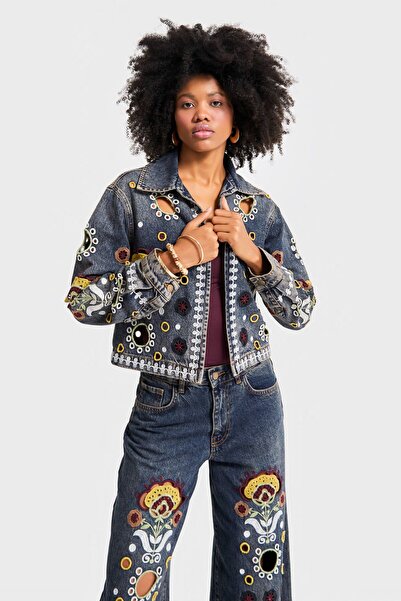 its basic Kadın T.Kot Rengi 4w5-8 Özel Desen Çiçek Nakışlı %100 Koton Denim Ceket