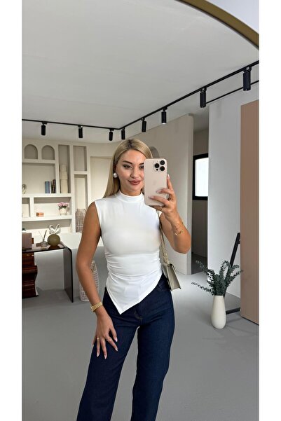 Sezgi Tekin High Neck Drape Detail Ecru Asymmetrical Cut Blouse