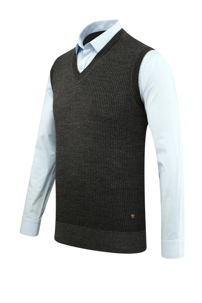 Çizgi Triko Men's Plus Size V-Neck Sweater Patterned Steel Knit Classic Fit - 5208Hb