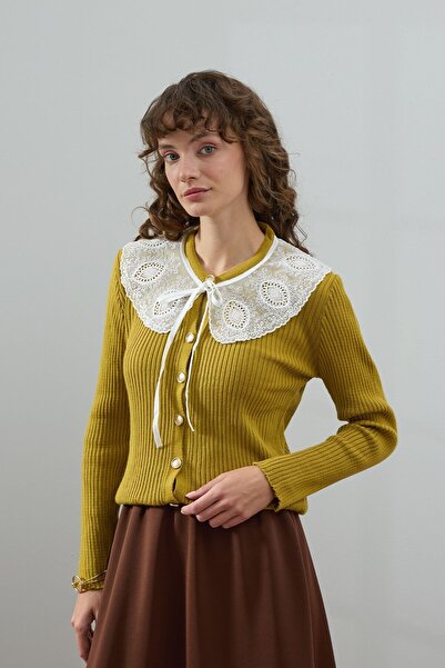 Ceylan Otantik Oil Green White Collar Knitwear Cardigan