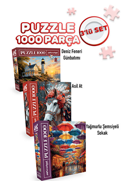 Neverland 3 ADET 1000 PARÇA PUZZLE - DENİZ FENERİ GÜNBATIMI VE YAĞMURLU ŞEMSİ...