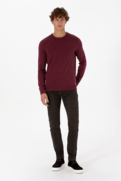 U.S. Polo Assn. Erkek Slim Fit Bisiklet Yaka Desenli Bordo Kazak 50315748-VR177