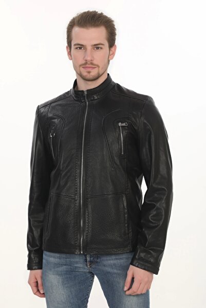 PayBuy سترة جلدية للرجال من ديريمونت بتصميم ضيق من جلد الحملان الأصلي باللون ...