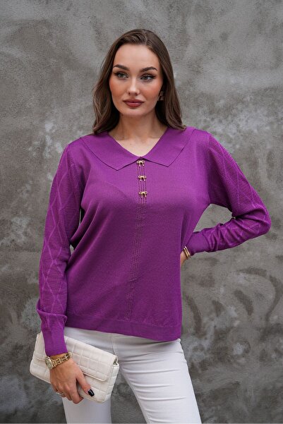 AGORATEKSTİL Pulover de tricotat mercerizat pentru femei, cu guler și mâneci