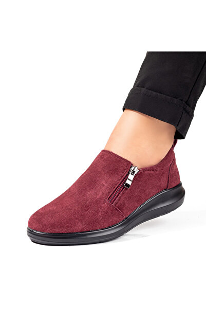 Modlet.ro Women's burgundy suede casual shoes with zipper made of leather MOD...
