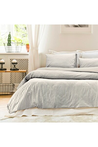 Şaheser Cotton bed linen with woven stripes, Nives Ecru/Grey