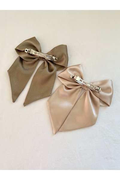 vikivin bebe Khaki Bright Green & Champagne Beige – Set of 2 Satin Bow Tie Clips (8 cm Automatic Clip)