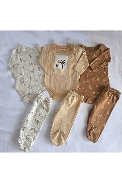 unisex bebek % 100 pamuklu 6 parça alt üst çıtçıtlı body ve alt zıbın takım