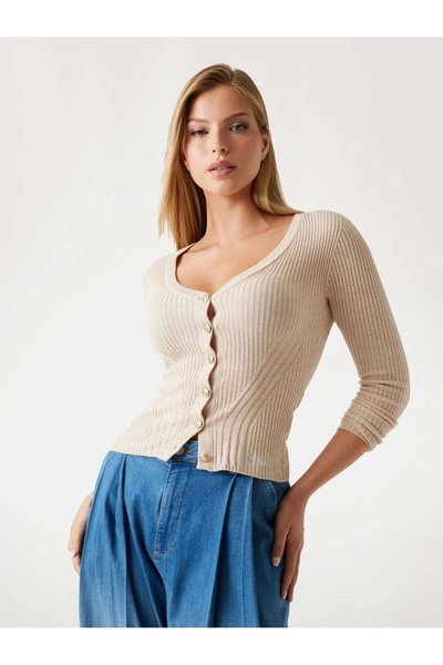 Guess Cardigan de tricotaj pentru femei Julia, bej, din amestec de mătase și ...