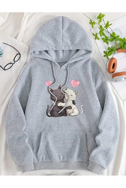 ORVIO Group Women's Oversize Cat Printed Hoodie