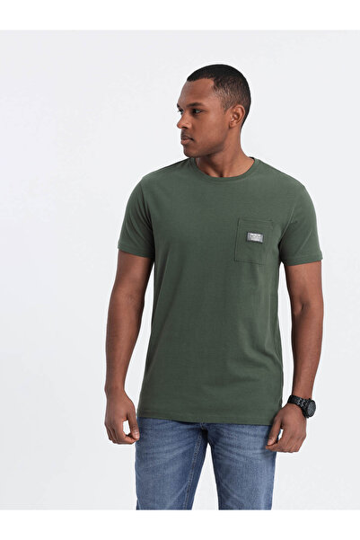 OMBRE Ανδρικό casual μπλουζάκι με μπάλωμα στην τσέπη - σκούρο λαδί V4 OM-TSCT-0109 M