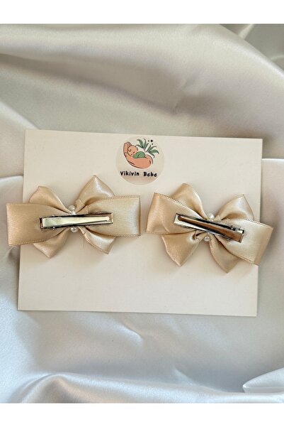vikivin bebe Şampanya Saten İnci Detaylı 2’li Fiyonk Toka Seti (4,5 cm Timsah Klips)