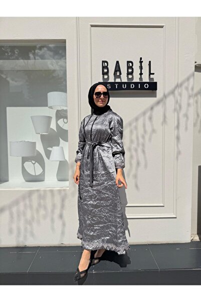 MissWhence 38804 Zipper Detailed Wrinkled Women's Dress Gray