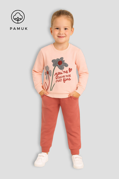 HK HOPKİDS Girl's Floral Embroidered Two-Thread Fabric Seasonal Top and Botto...