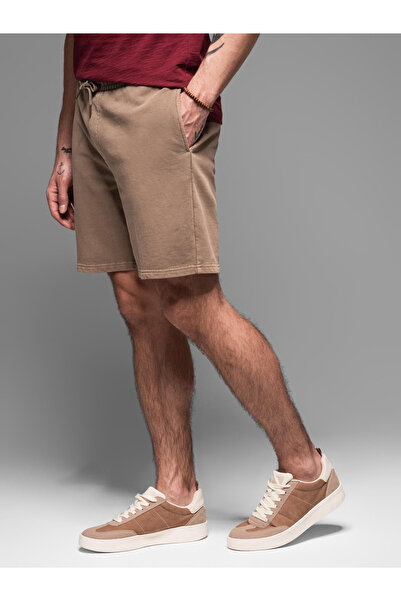 OMBRE Pánske krátke teplákové šortky RELAXED FIT v športovom štýle - svetlohnedé V2 OM-SRWS-0122 M