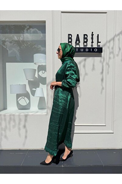 MissWhence 38804 Zipper Detailed Wrinkled Women's Dress Green