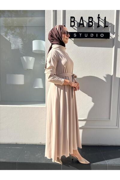 MissWhence 38803 Stitching Detailed Turn-Down Collar Women's Dress Ecru