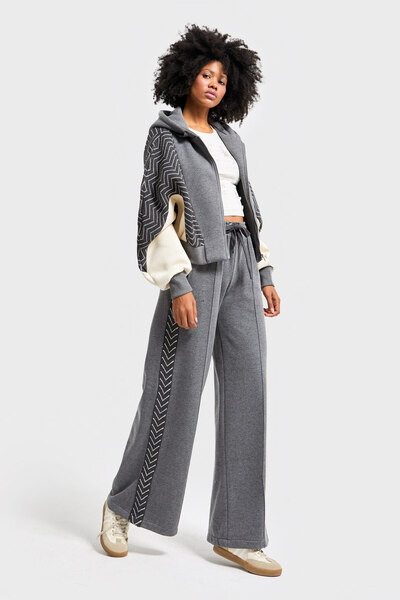 its basic Жіночий сірий колір w5-45 Світшот з капюшоном Полярний спортивний костюм 2-комплектний Комбінований дизайн Тканина