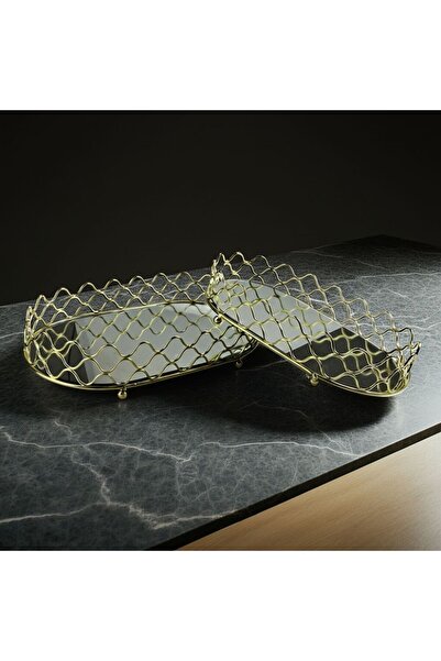 Danube Home Impressions Metal Mirror Cutwork Tray Set of 2 – Elegant Serving & Decorative Trays 30x18 & 35x22 cm
