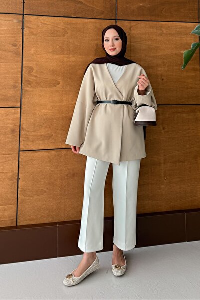 Rimel Moda Oxford Belted Jacket Stone