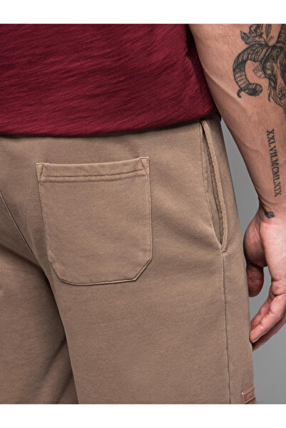 OMBRE Pánske krátke teplákové šortky RELAXED FIT v športovom štýle - svetlohnedé V2 OM-SRWS-0122 M