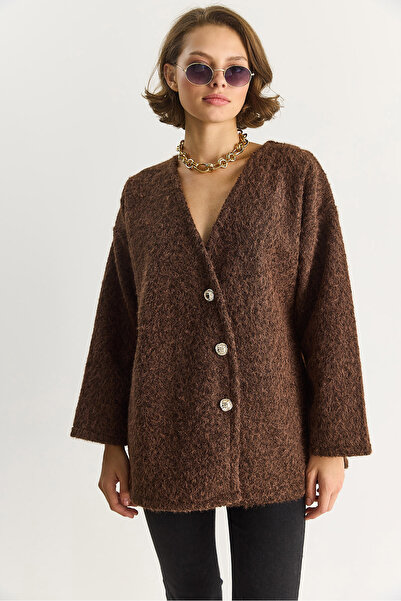 Bianco Lucci Γυναικεία ζακέτα με λαιμόκοψη σε σχήμα V, κομψή ασύμμετρη με κουμπιά, σε χρώμα καστανό, 55000 60283567