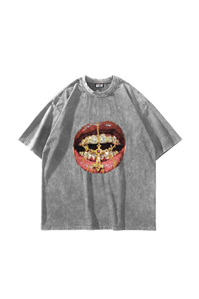 Bak Moda Tricou alb oversize unisex lavabil cu imprimeu cu strasuri