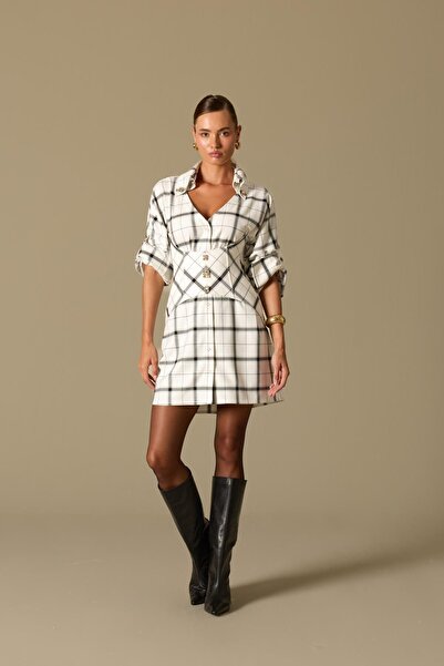 NOK İSTANBUL Lines Of Memory Mini Dress White Black Checked
