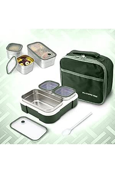 Generic Stainless Steel Lunch Box for Kid School, Bento Lunch Box with Tableware & Bag, 3 Compartment Divide