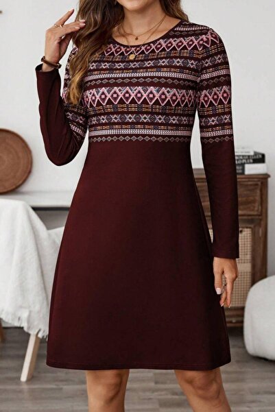 Mossta Etnik Desenli Uzun Kollu Şardonlu Dalgıç Elbise - Bordo