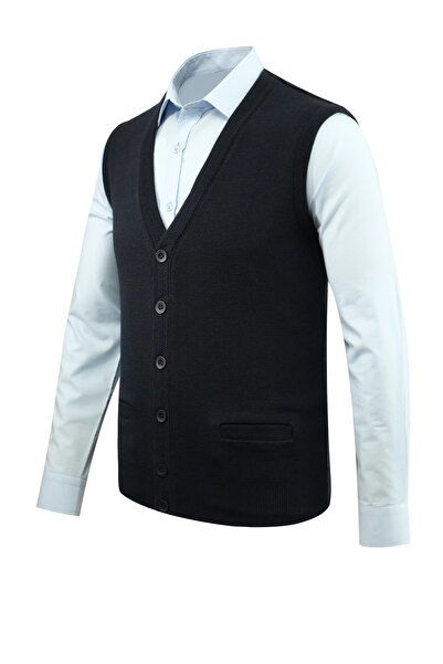 Çizgi Triko Men's Plus Size Buttoned Vest Knitwear with Pockets Steel Knit Classic Fit - 5200lb