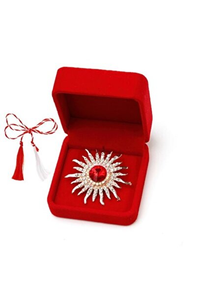 OEM Martisor brosa soare cu strasuri in cutie de catifea, rosu