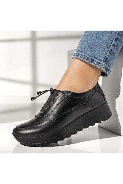 Modlet.ro Γυναικεία μαύρα δερμάτινα casual παπούτσια με ελαστικά κορδόνια MOD...